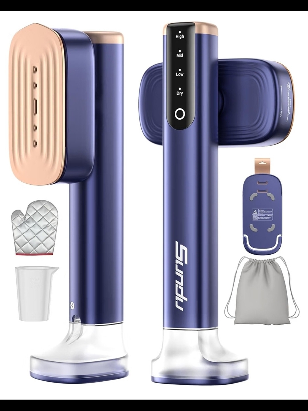 Handheld Garment Steamer in Deep Blue with Rose Gold Accents